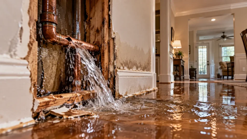burst pipe water damage Charleston SC showing water flooding hardwood floors from split copper pipe inside home wall cavity