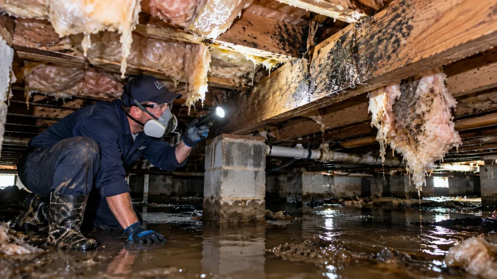 water damage Goose Creek SC crawl space showing standing water wet insulation and mold on floor joists during professional inspection