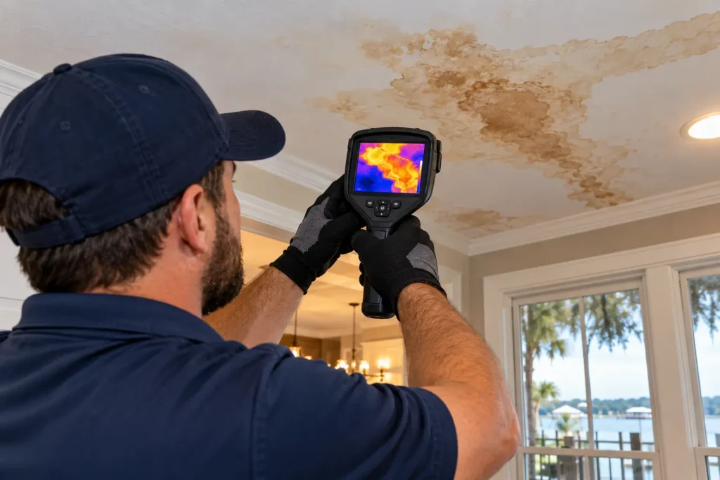 water damage Mount Pleasant SC technician using thermal imaging camera detecting hidden ceiling moisture after tidal flooding inside coastal home