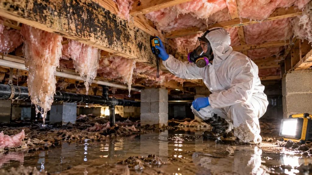water damage West Ashley SC crawl space showing standing water wet insulation and mold on floor joists during certified restoration inspection